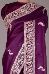 Wonderful Organza Embroidery Multi Treads Wine Color Saree