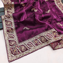 Wonderful Organza Embroidery Multi Treads Wine Color Saree