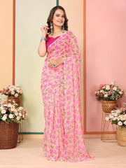 Casual Wear Georgette Peach Color Ready To Wear Sarees