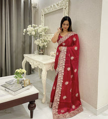 Preferable Red Color Jimmy Chu Heavy Border Saree