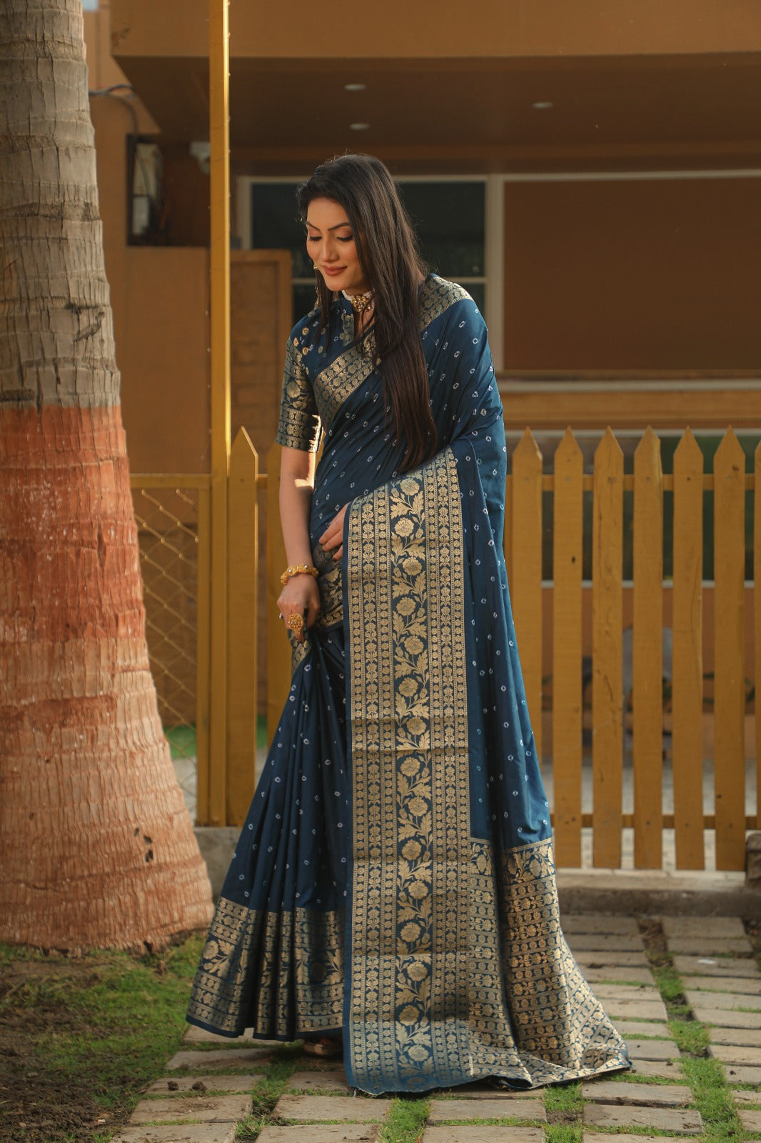 Wonderful Navy Blue Color Bandhej Kanjivaram Silk Saree