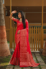 Wonderful Red Color Bandhej Kanjivaram Silk Saree