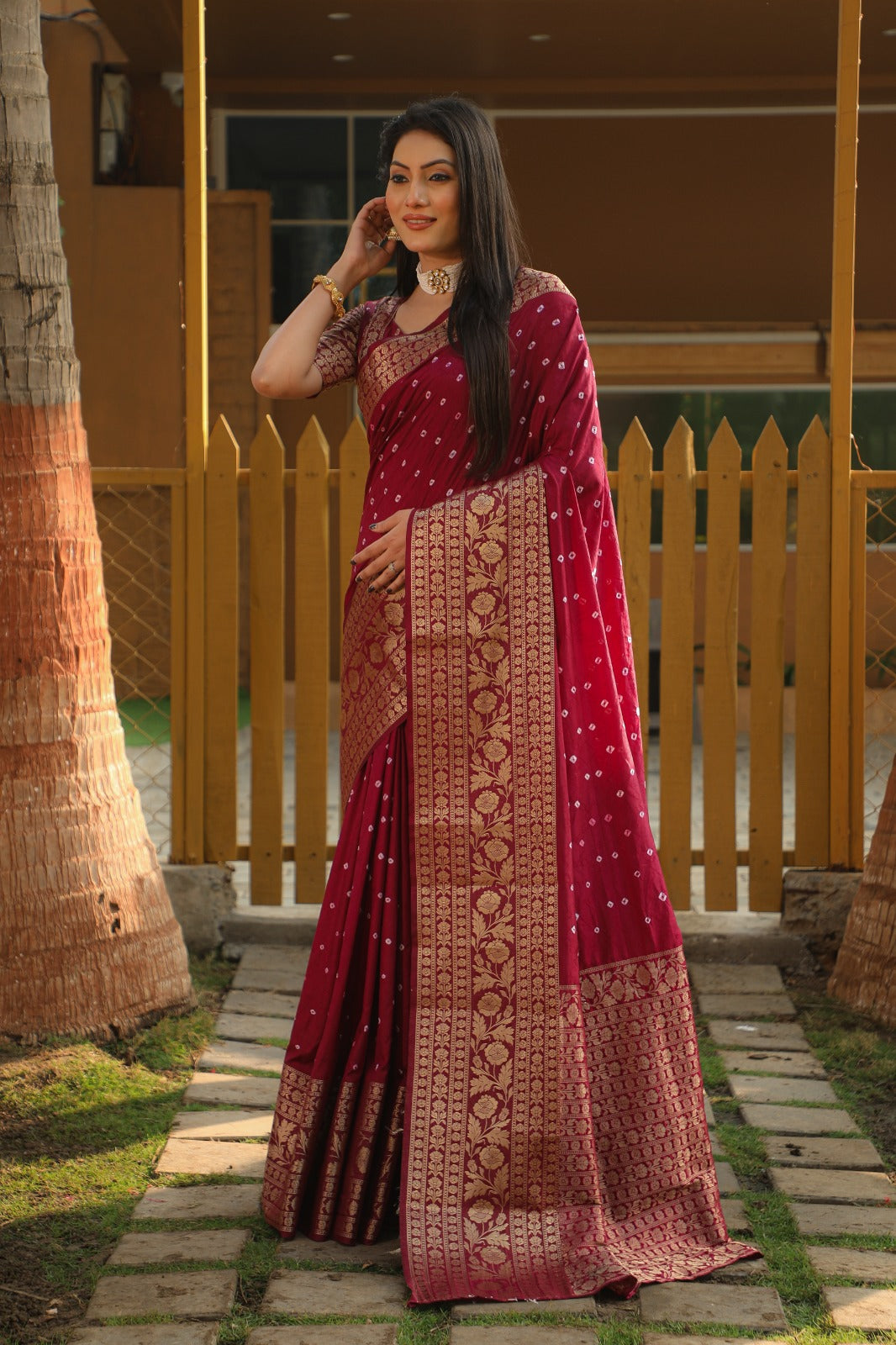 Wonderful Maroon Color Bandhej Kanjivaram Silk Saree