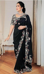 Party Wear Georgette Embroidery Work Black Color Sarees