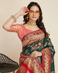 Fashionable Green & Red Color Soft Patola Silk Saree