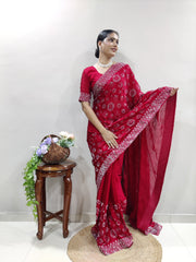 Fashionable Chiffon Satin Red Color Saree