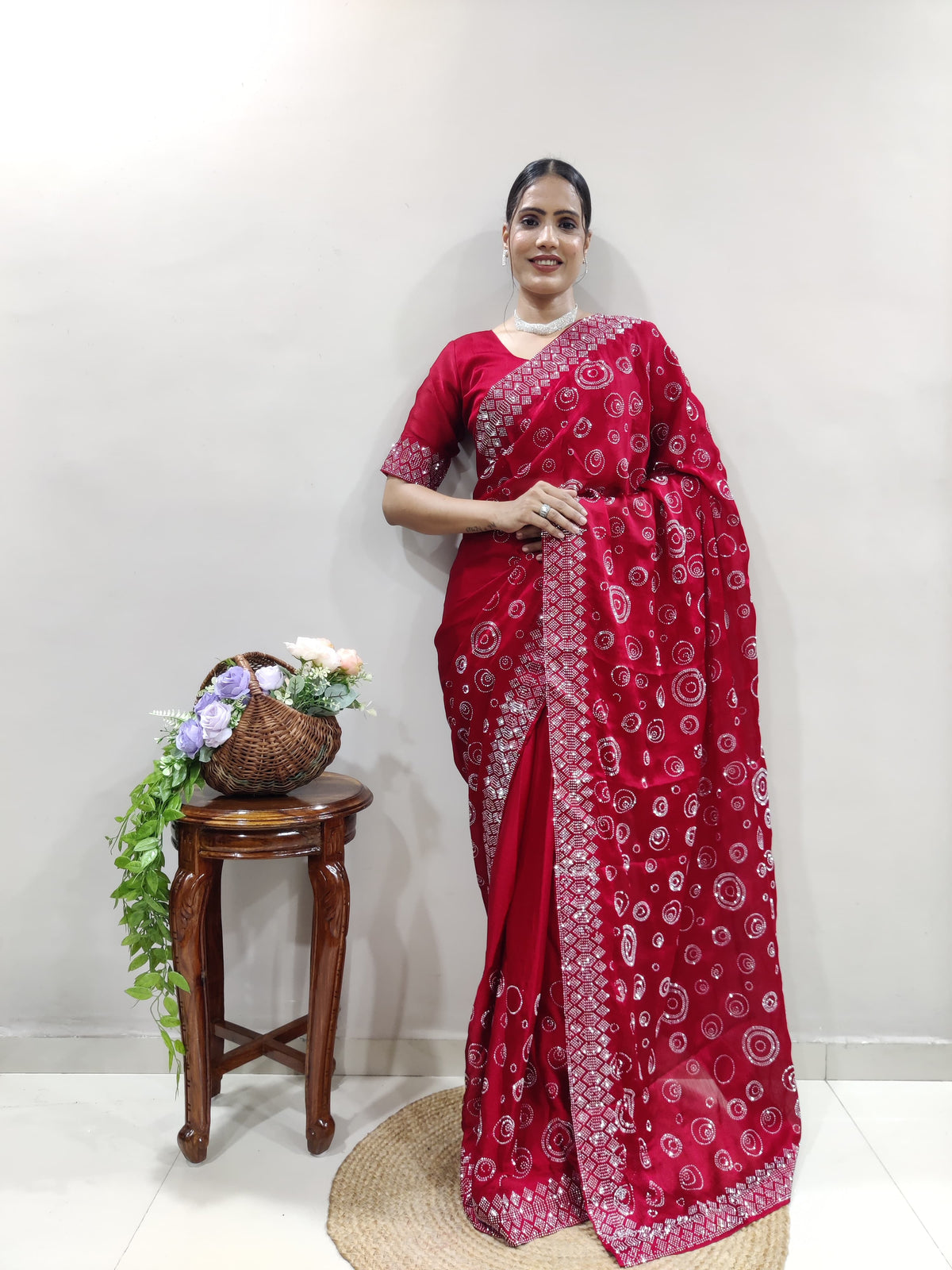 Fashionable Chiffon Satin Red Color Saree