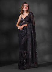 Reception Wear Sequence Embroidery Work Black Color Saree