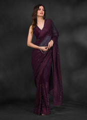 Reception Wear Sequence Embroidery Work Wine Color Saree