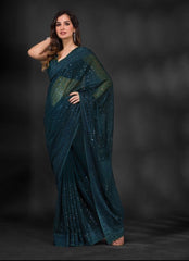 Reception Wear Sequence Embroidery Work Teal Green Color Saree