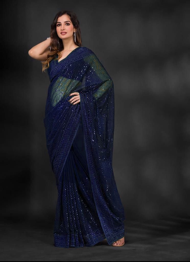 Reception Wear Sequence Embroidery Work Blue Color Saree