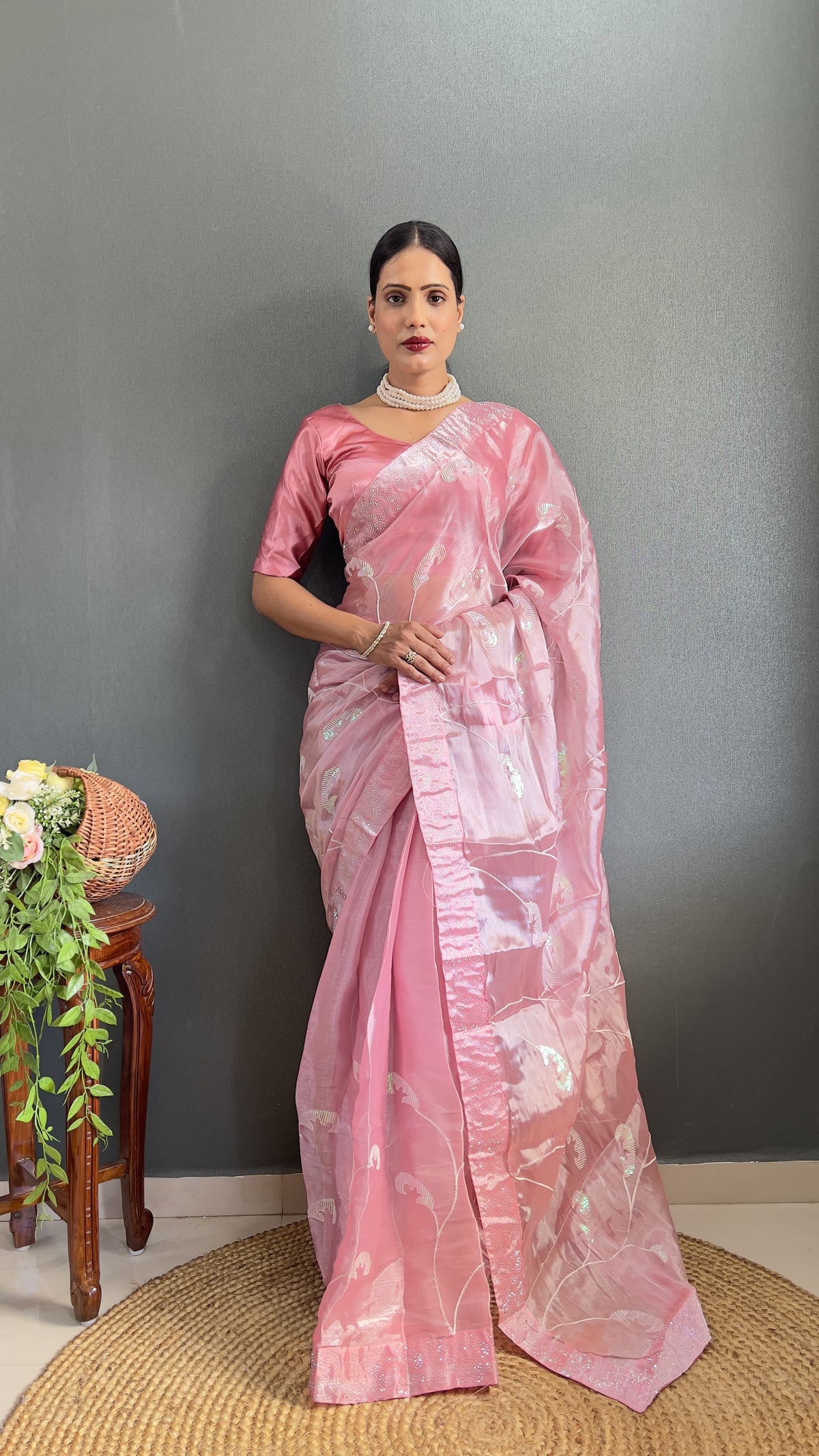 Glimmering Pink Color Embroidery Work Burbury Silk Saree