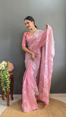 Glimmering Pink Color Embroidery Work Burbury Silk Saree