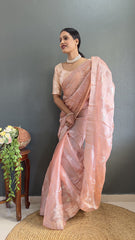 Glimmering Peach Color Embroidery Work Burbury Silk Saree