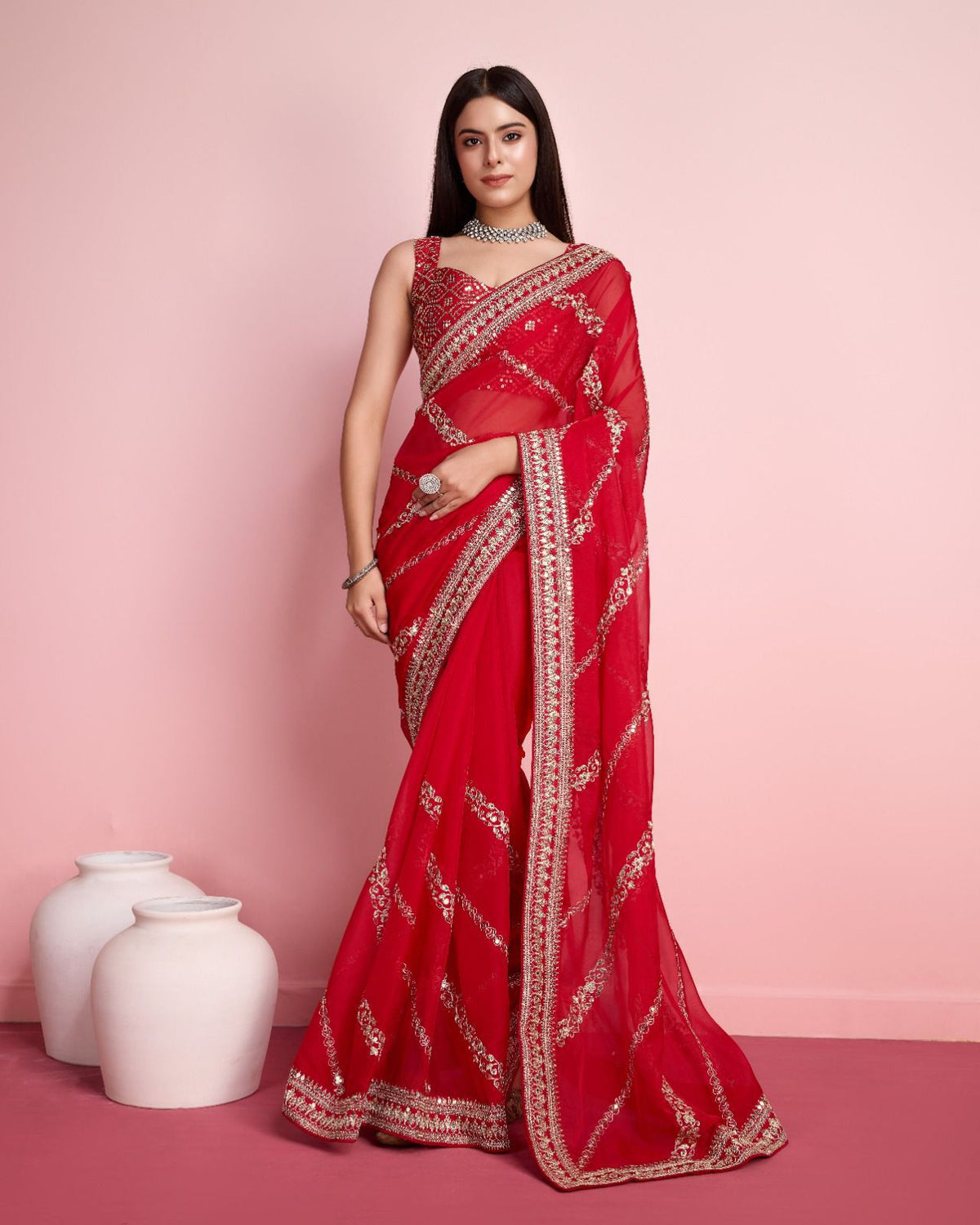 Innovative Red Color Taby Silk Saree