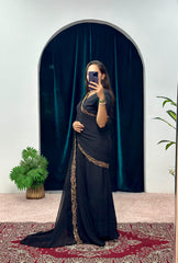 Peaceful Georgette Embroidery Work Black Color Gown With Saree