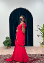 Peaceful Georgette Embroidery Work Red Color Gown With Saree