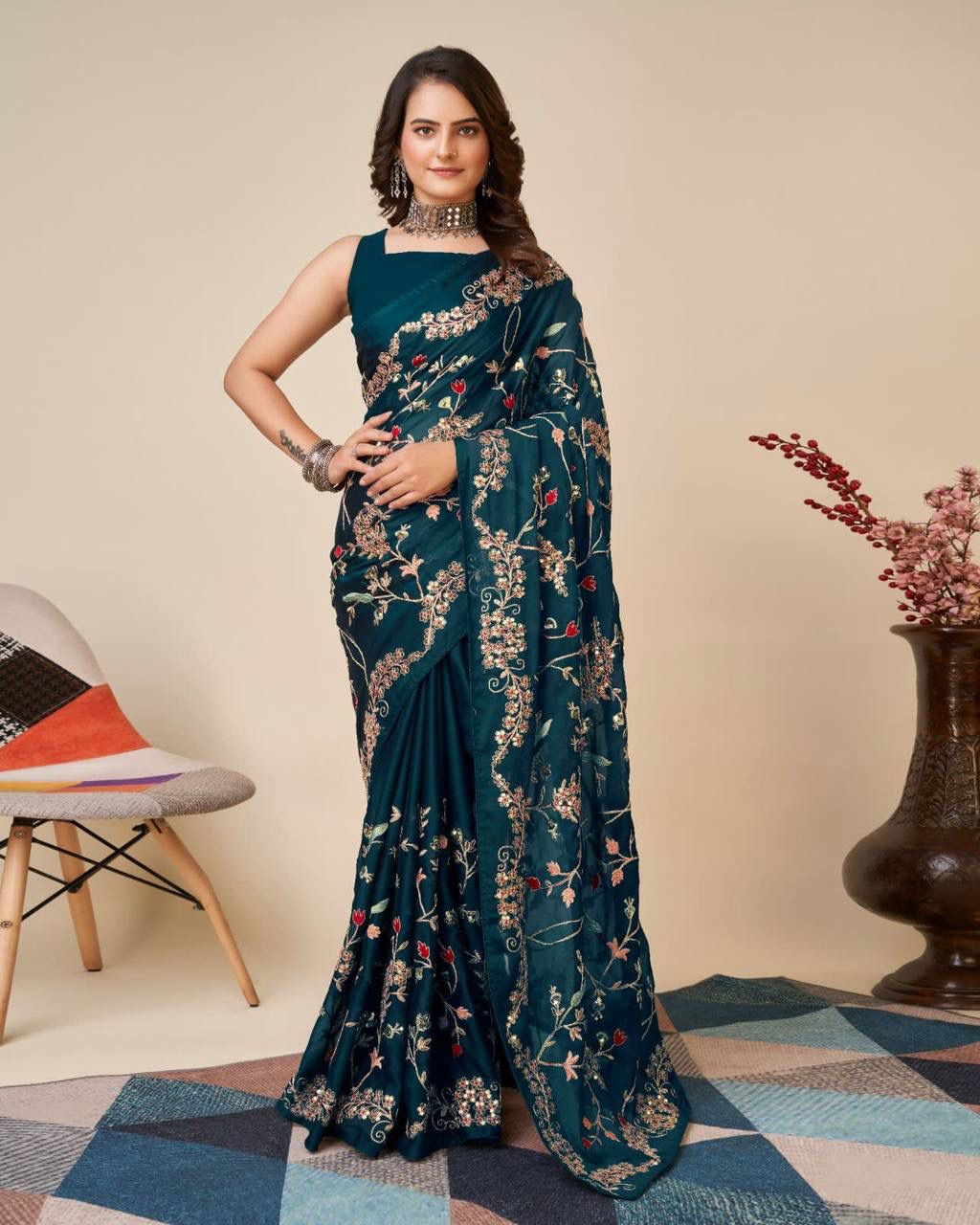 Flattering Embroidery Work Rangoli Silk Green Color Saree