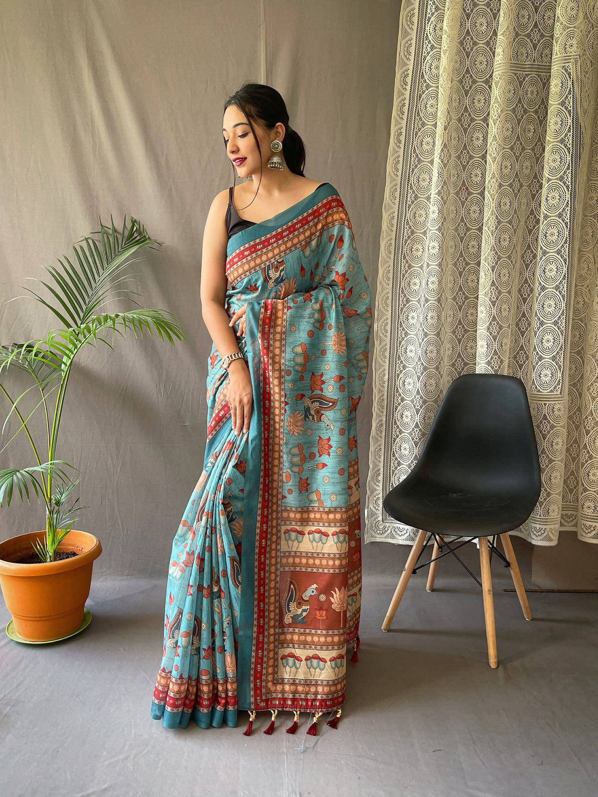 Luxuriant Cotton Digital Print Sky Blue Color Saree