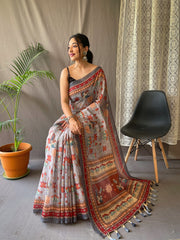 Luxuriant Cotton Digital Print Grey Color Saree