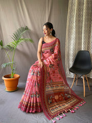 Luxuriant Cotton Digital Print Pink Color Saree