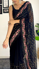 Decent Georgette Sequence Work Black Color Saree