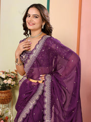 Wonderful Embroidery Work Taby Silk Purple Color Saree