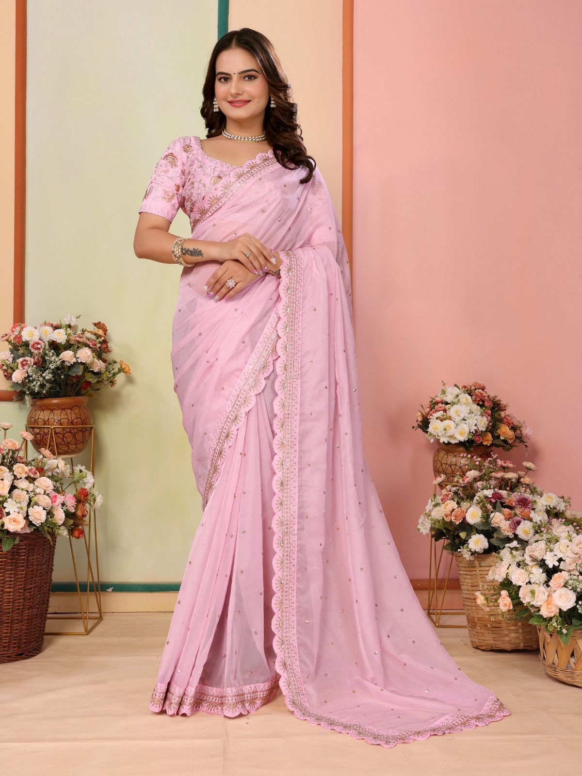 Wonderful Embroidery Work Taby Silk Baby Pink Color Saree