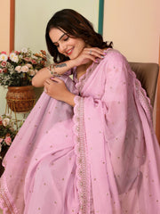 Wonderful Embroidery Work Taby Silk Baby Pink Color Saree