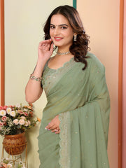 Wonderful Embroidery Work Taby Silk Green Color Saree