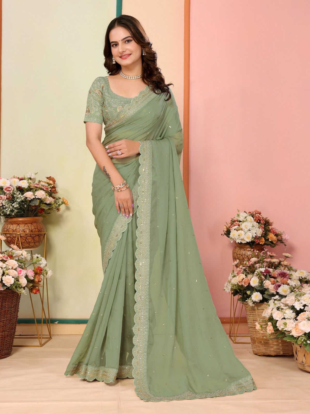 Wonderful Embroidery Work Taby Silk Green Color Saree