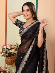 Wonderful Embroidery Work Taby Silk Black Color Saree