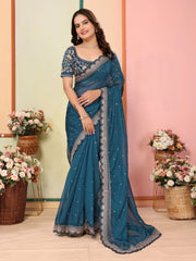 Wonderful Embroidery Work Taby Silk Blue Color Saree