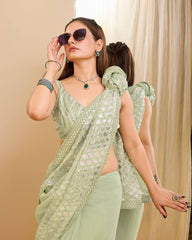 Peaceful Georgette Embroidery With Piping Work Pista Color Saree