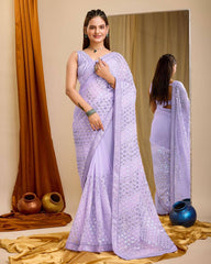 Peaceful Georgette Embroidery With Piping Work Purple Color Saree