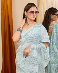 Peaceful Georgette Embroidery With Piping Work Sky Blue Color Saree