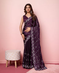 Wonderful Sequence Work Burberry Silk Wine Color Saree