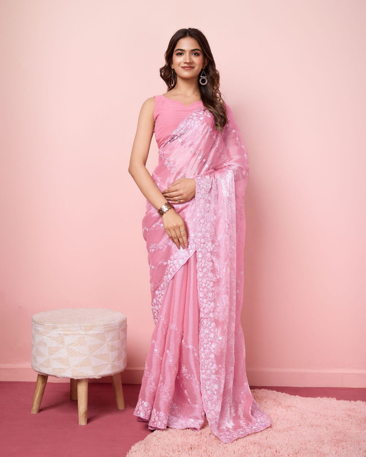 Wonderful Sequence Work Burberry Silk Pink Color Saree