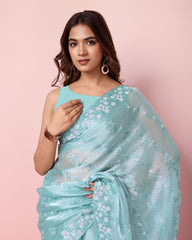 Wonderful Sequence Work Burberry Silk Sky Blue Color Saree