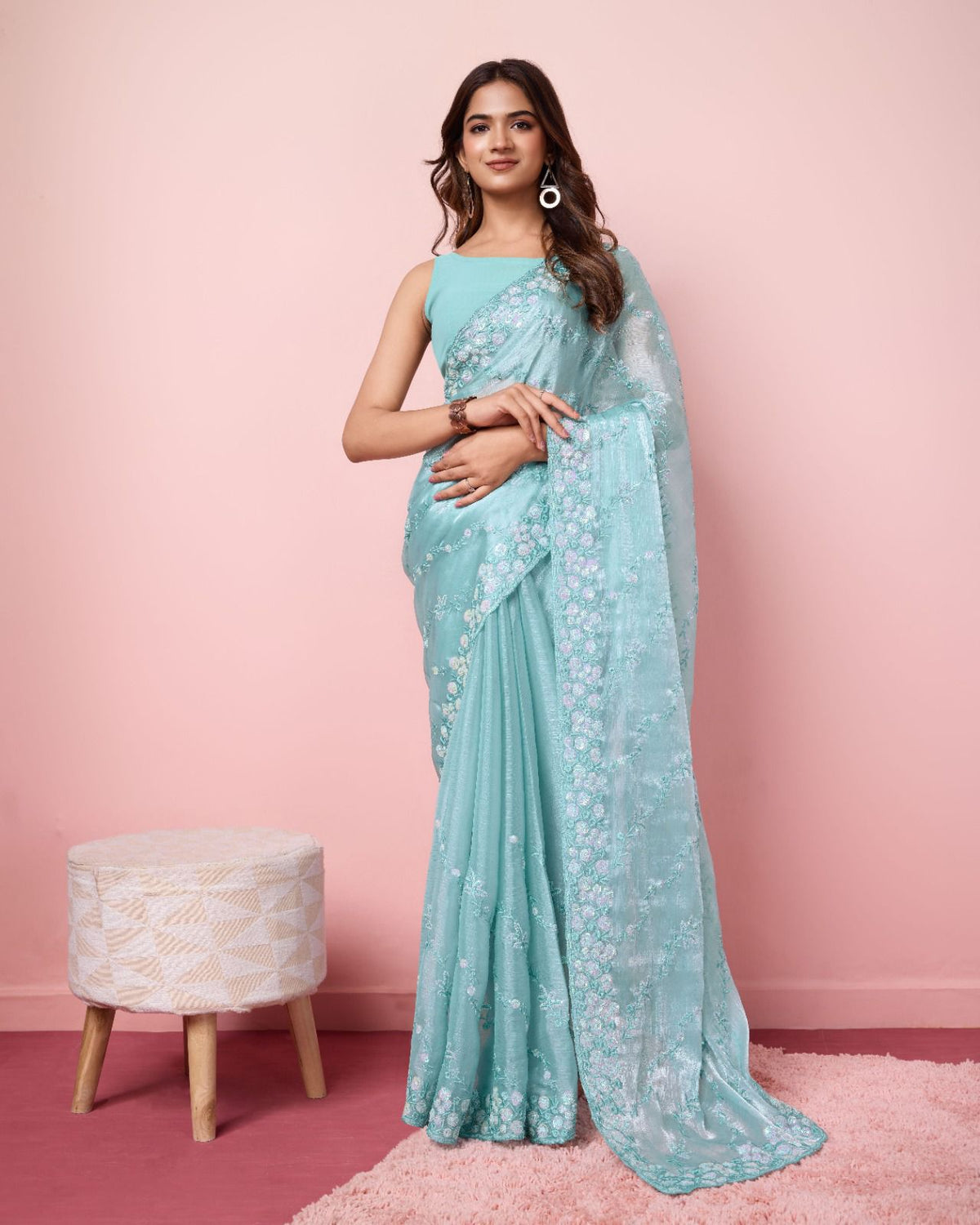 Wonderful Sequence Work Burberry Silk Sky Blue Color Saree