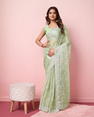 Wonderful Sequence Work Burberry Silk Pista Color Saree