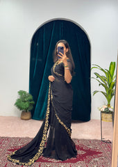 Glimmering Georgette Embrella Flair Black Color Gown With Saree