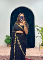 Glimmering Georgette Embrella Flair Black Color Gown With Saree