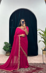 Glimmering Georgette Embrella Flair Maroon Color Gown With Saree