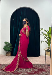 Glimmering Georgette Embrella Flair Maroon Color Gown With Saree