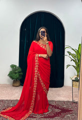 Glimmering Georgette Embrella Flair Red Color Gown With Saree