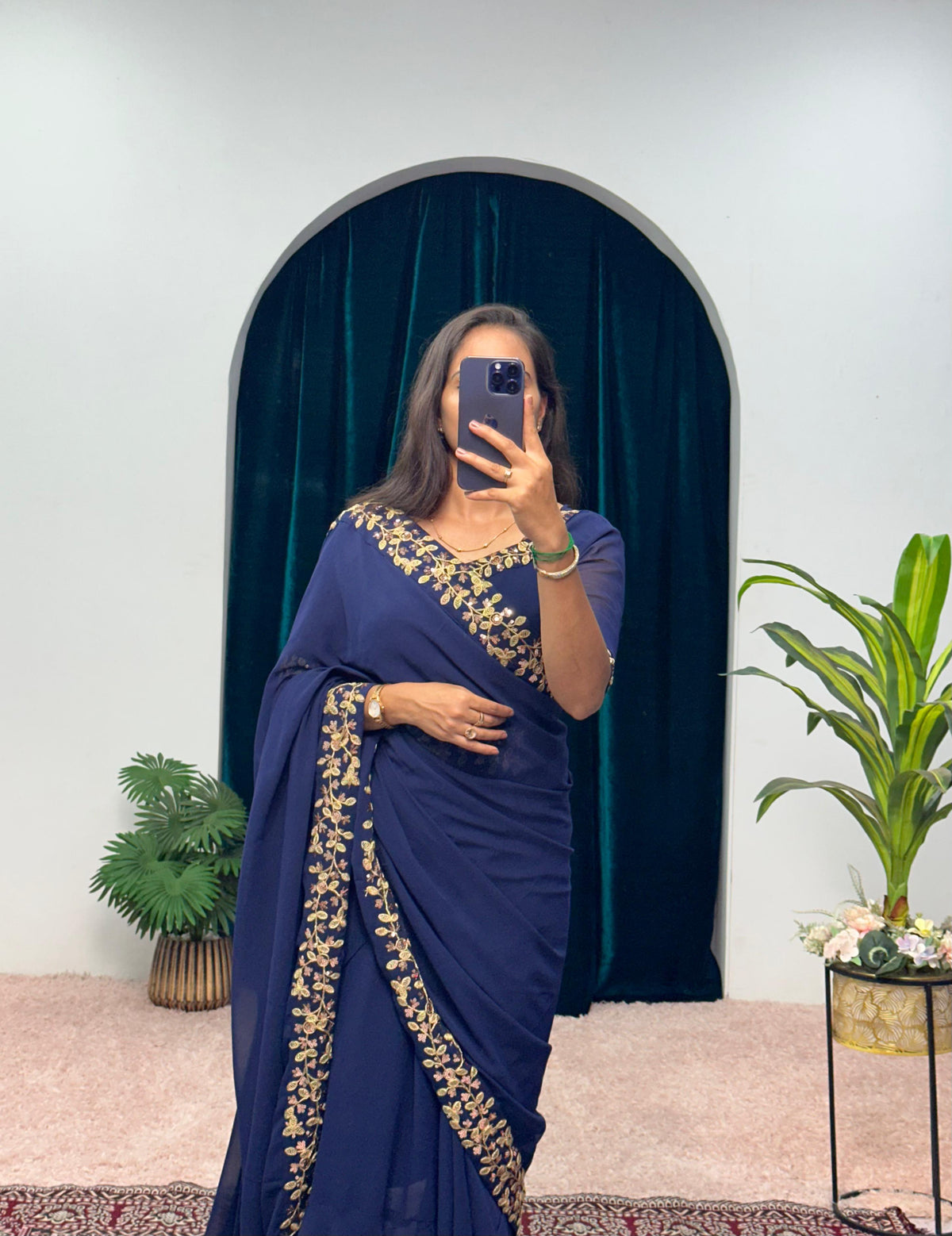 Glimmering Georgette Embrella Flair Blue Color Gown With Saree