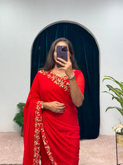 Glimmering Georgette Embrella Flair Red Color Gown With Saree