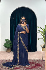 Glimmering Georgette Embrella Flair Blue Color Gown With Saree