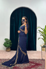 Glimmering Georgette Embrella Flair Blue Color Gown With Saree